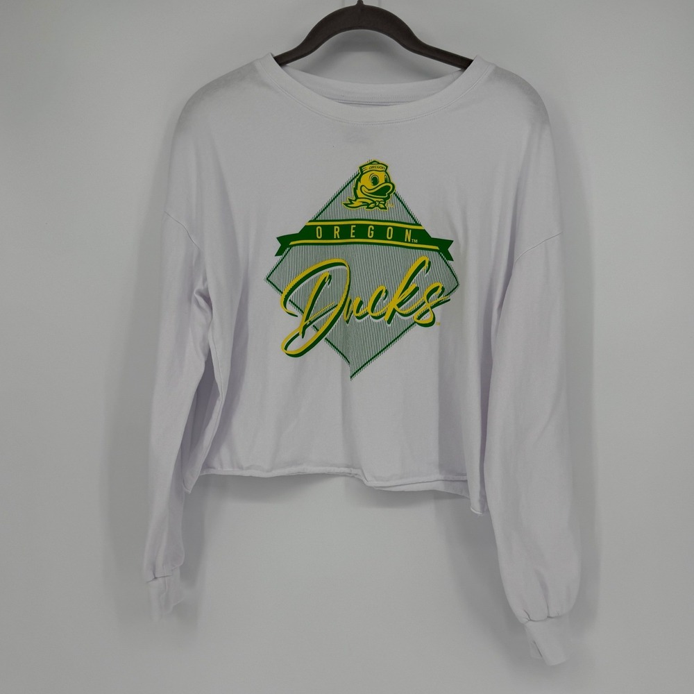 WEAR by Erin Andrews Oregon Ducks White Long Sleeve Crop Top Womens Small